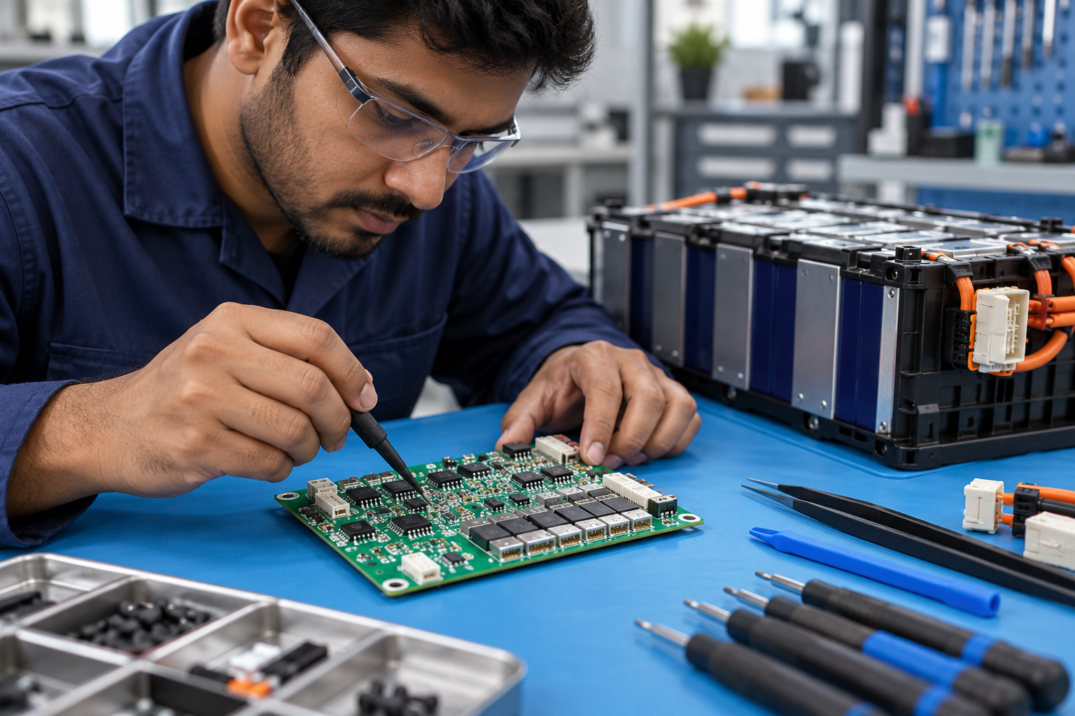 AI-generated close-up illustration of a technician inspecting a disconnected battery management system circuit board
