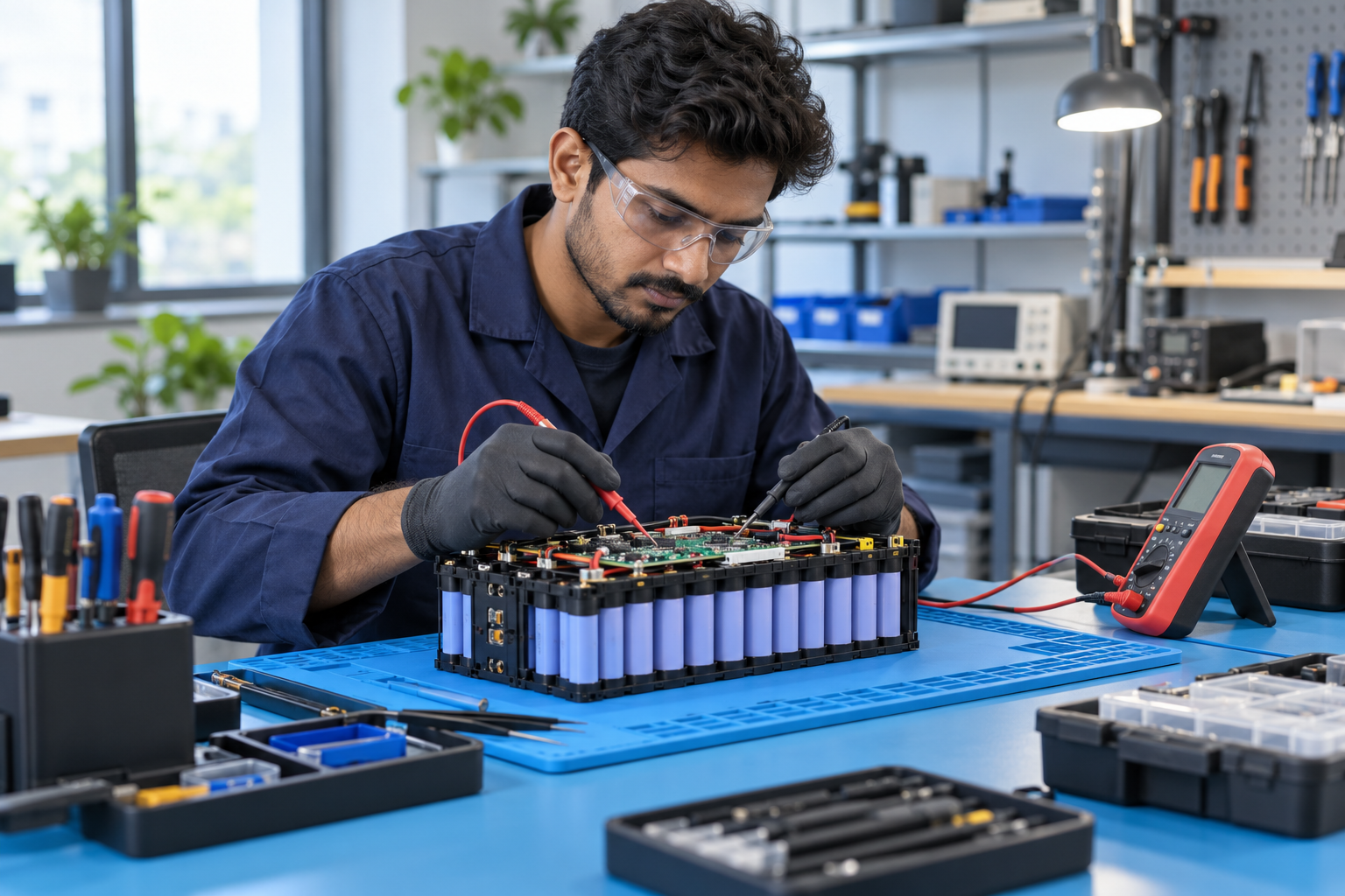 AI-generated illustration of a technician inspecting a lithium battery pack at an electronics repair workbench