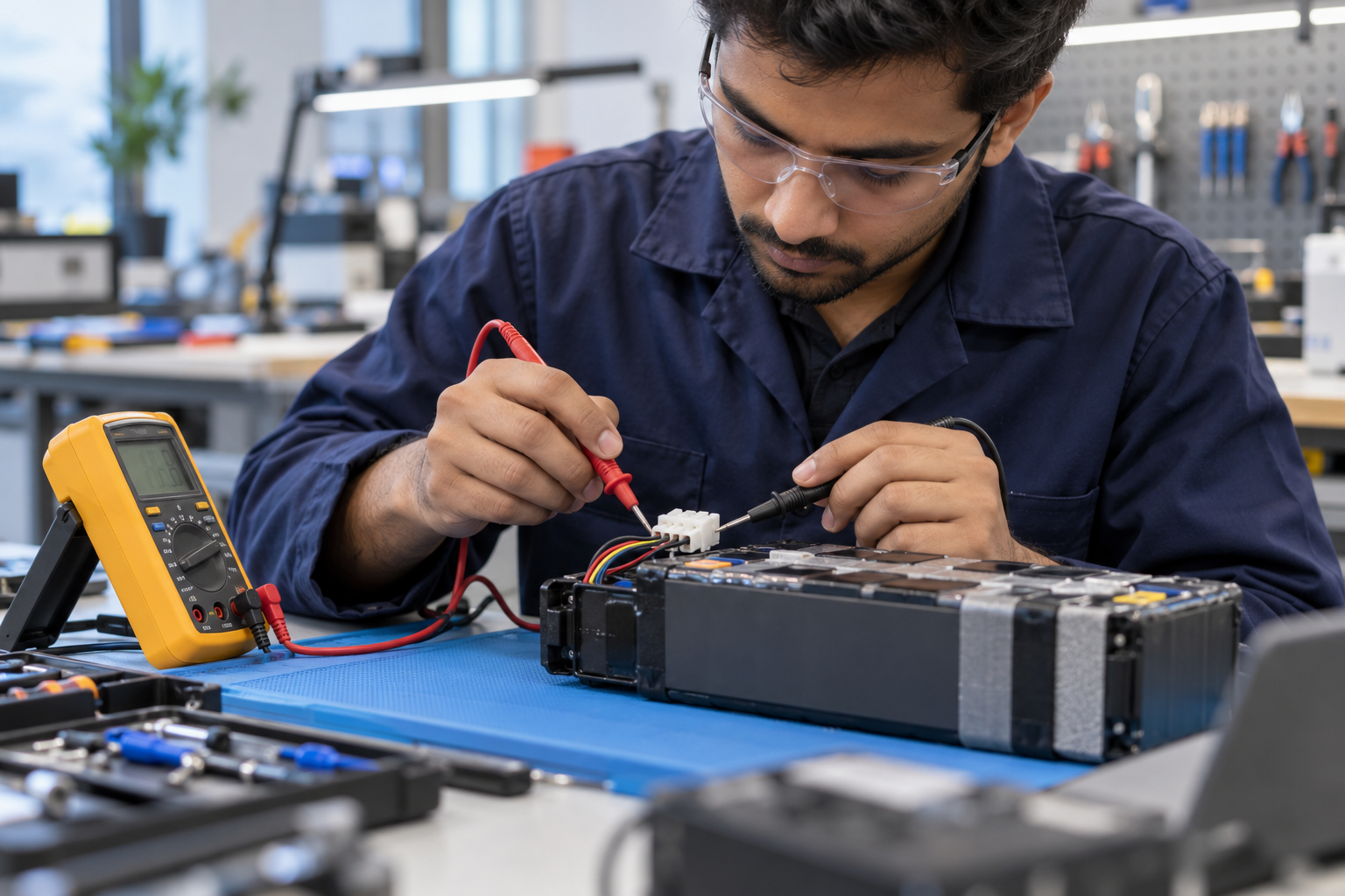 AI-generated illustration of a technician using a multimeter to check a lithium battery pack